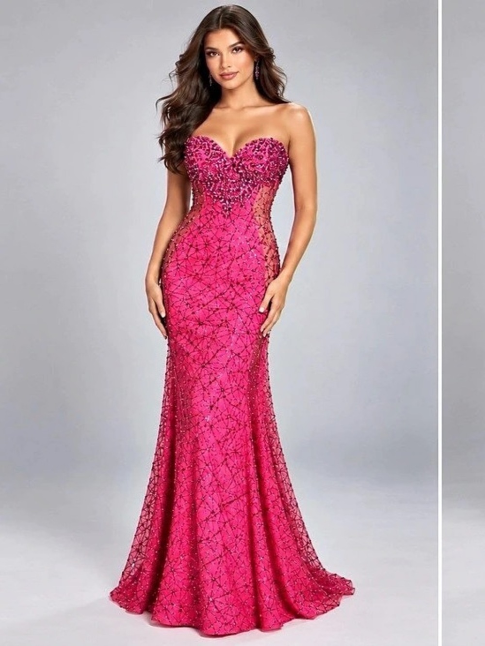 Fuchsia Strapless Beaded Mesh Prom Gown